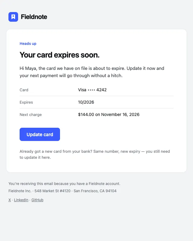 Card expiring email template preview