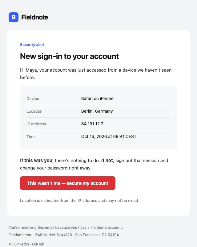 New sign-in alert email template preview