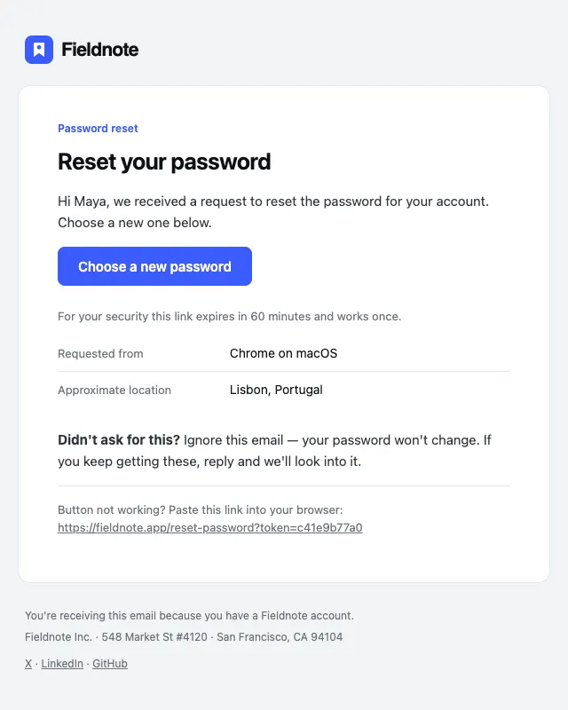 Password reset email template preview