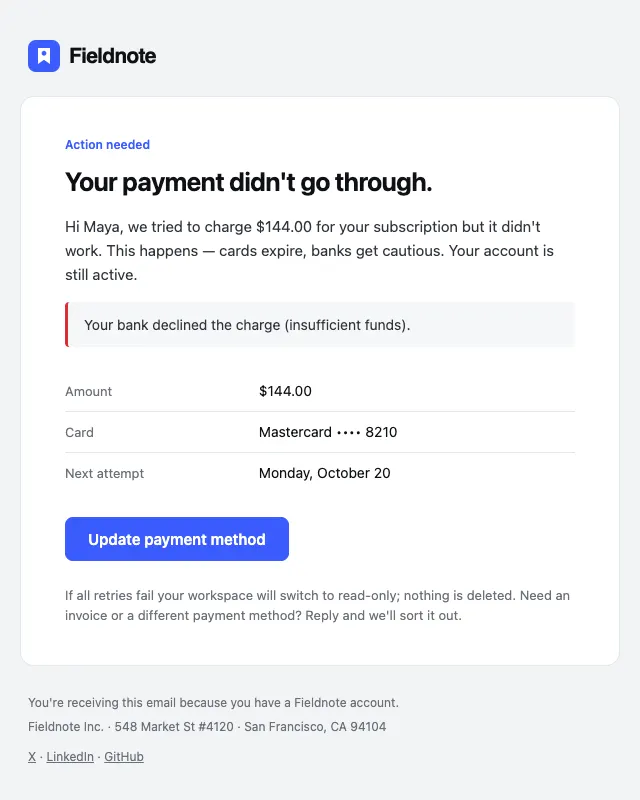 Payment failed email template preview