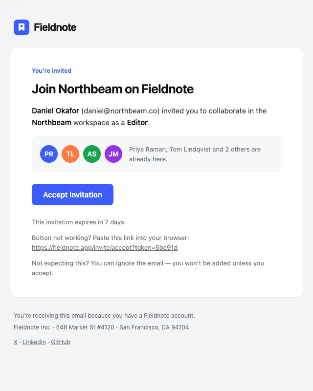 Team invite email template preview