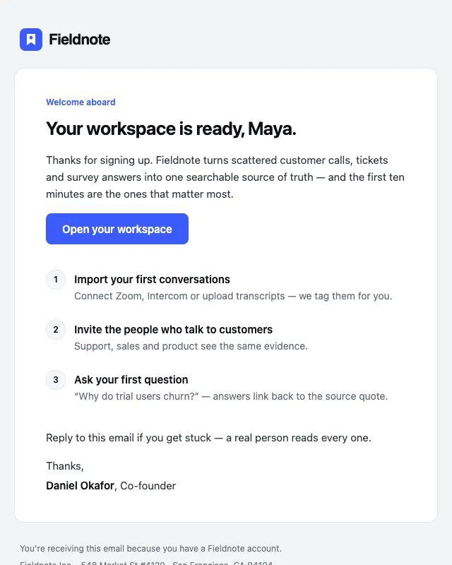 Welcome email template preview